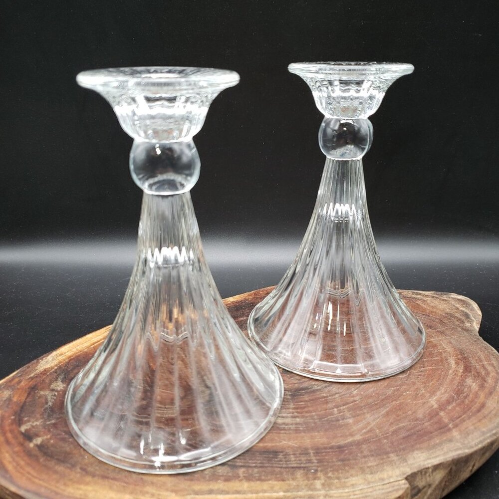 Pair Clear Glass Ribbed Candlesticks Fluted Top 6.25" Vintage Style
